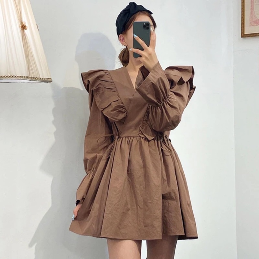 Ruffle dress butterfly mocha brown v-neck womens flare dresses